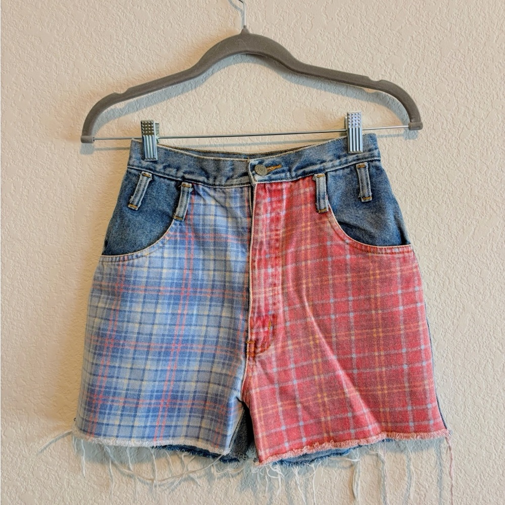 Vintage Plaid Patchwork Denim Shorts